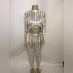 White & Silver Sequin (2) pc Pants Suit